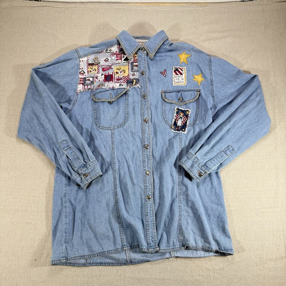 Vintage Clementine Women's L Denim Button Front Shirt Patchwork Embroidered 90s